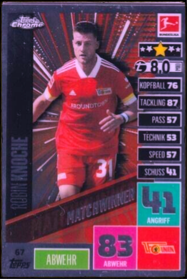 Nr. 67 Robin Knoche Matchwinner - Match Attax Bundesliga Chrome 20/21