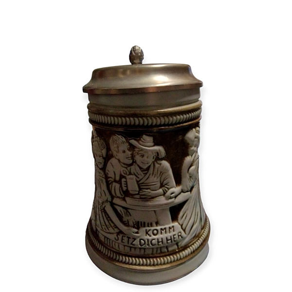 Vintage Bierkrug mit  Spruch und Zinndeckel