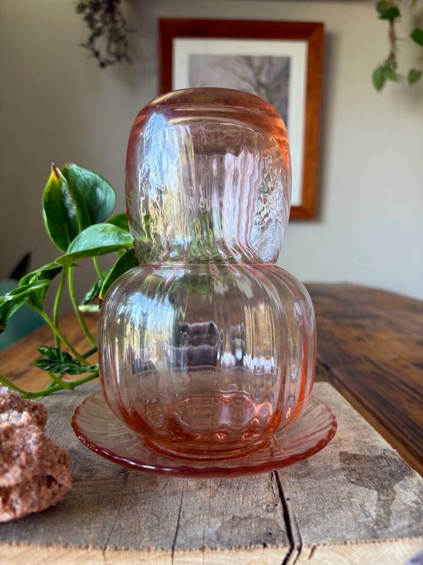 Vintage Pink Depression Glass Tumble Up w/ Underplate - Optic Swirl