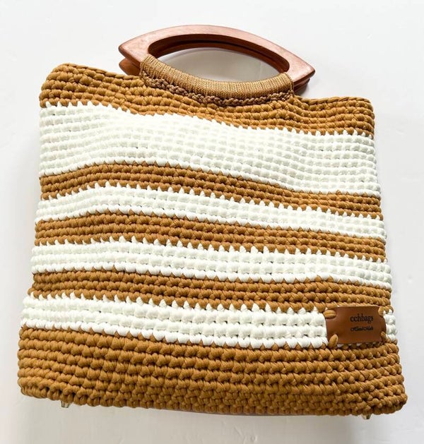 Nylon Big White and Caramel Handmade Bag #1136