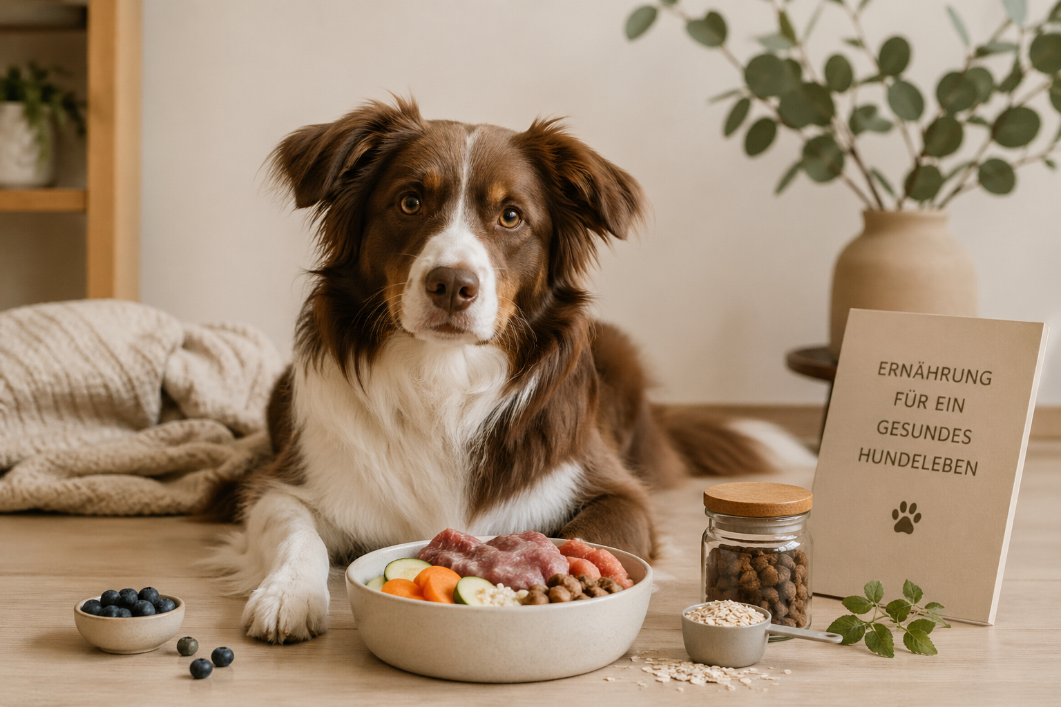 Ein Border Collie liegt vor seinem gesund und nährstoffreichen Futter im Futternapf, das er durch die Ernährungsberatung bei Hundealltag.at, der Hundeschule in Baden, nun gut verträgt.