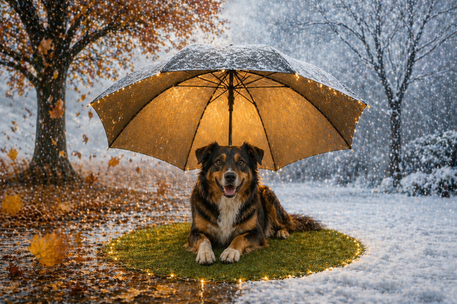 Ein Hund liegt unter einem Regenschirm, rundherum ist es auf der linken Seite Herbst und rechts Winter mit Schneefall, während der Hund trocken und warm bleibt im Hallenkurs von Hundealltag.at