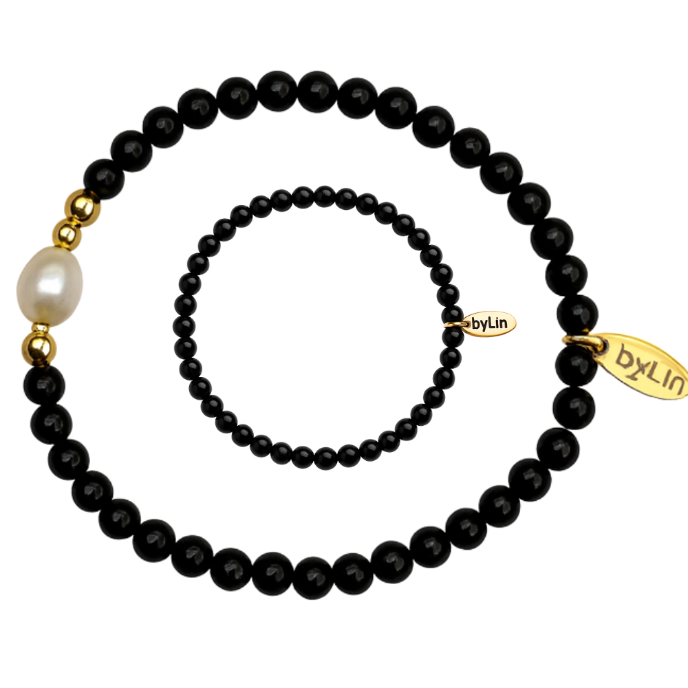 Zwart gouden duo armbanden met zoetwaterparel