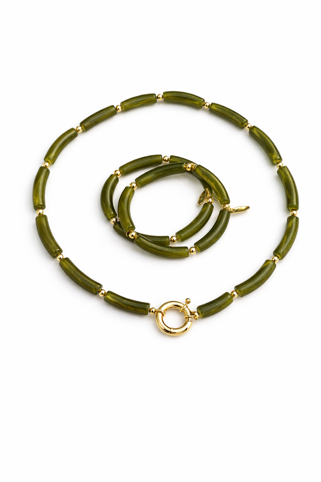 Olijfgroene tube ketting en twee armbanden