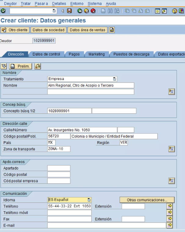 Crear cliente en SAP: Datos generales