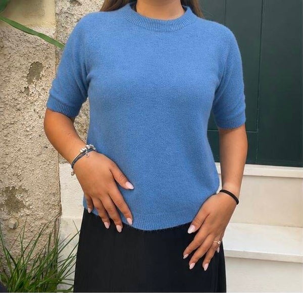 Blue Knitted Short Sleeve Sweater
