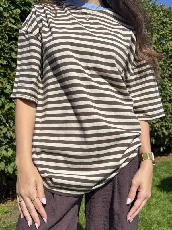 Bruin-ecru gestreept oversized T-shirt