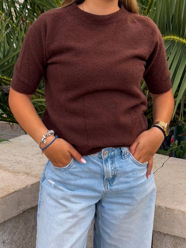 Chocolate Brown Knitted Short Sleeve Sweater