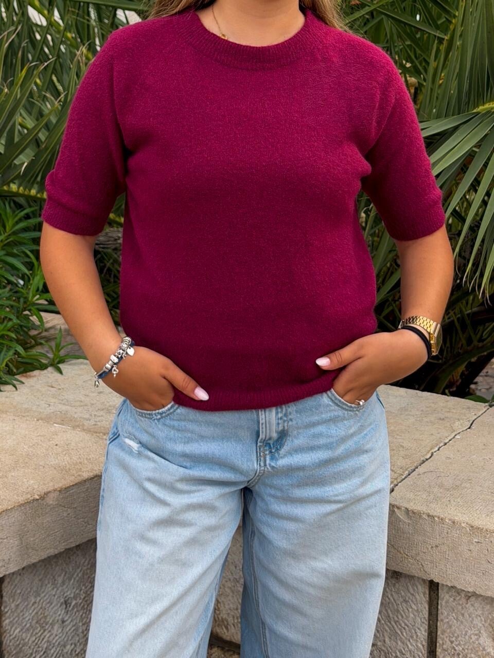 Bordeaux Knitted Short Sleeve Sweater