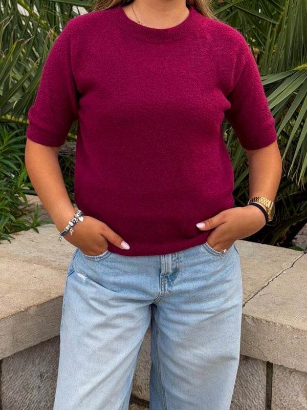 Bordeaux Knitted Short Sleeve Sweater