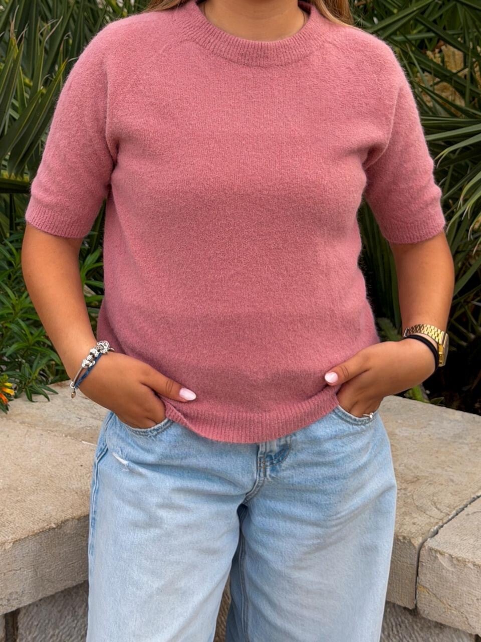 Dusty Pink Knitted Short Sleeve Sweater