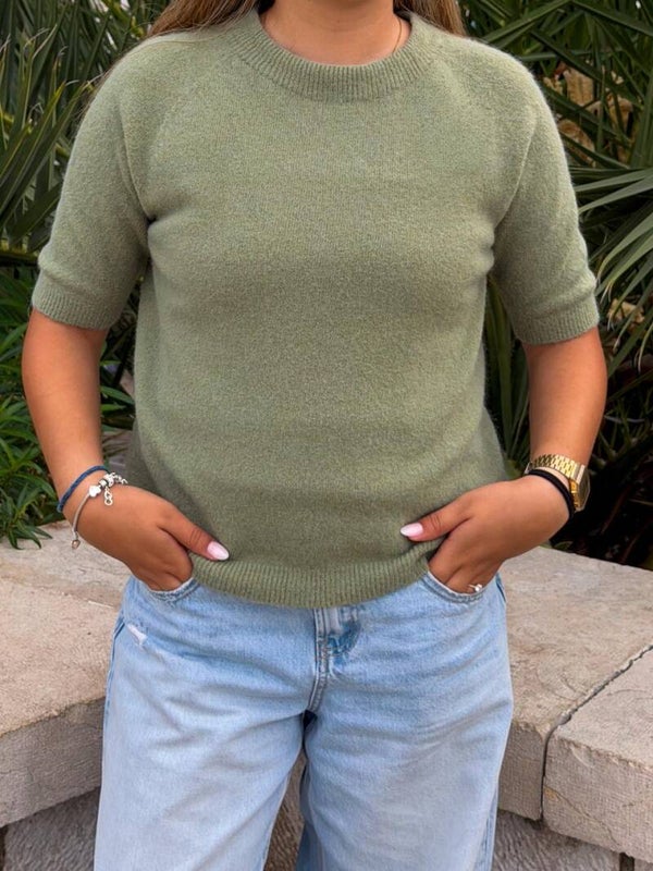 Sage Green Knitted Short Sleeve Sweater