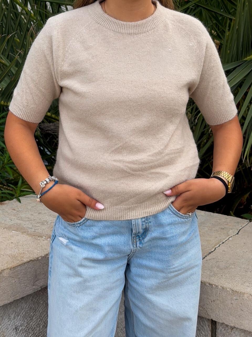 Beige Knitted Short Sleeve Sweater