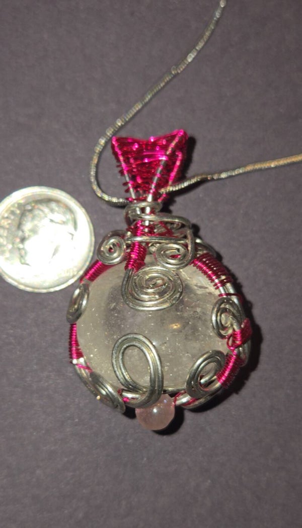 P10- Round clear quartz wire wrapped pendant. Stainless and red wire. ONE of a kind! beautiful!