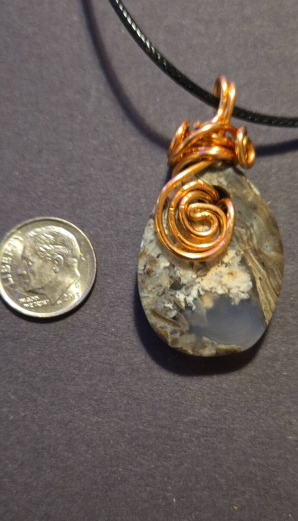 P5- Polished Thunder egg pendant cabochon, with Smaller Pyrite inclusions , copper wrapped, necklace.  with transparent agate, Mothers day Special