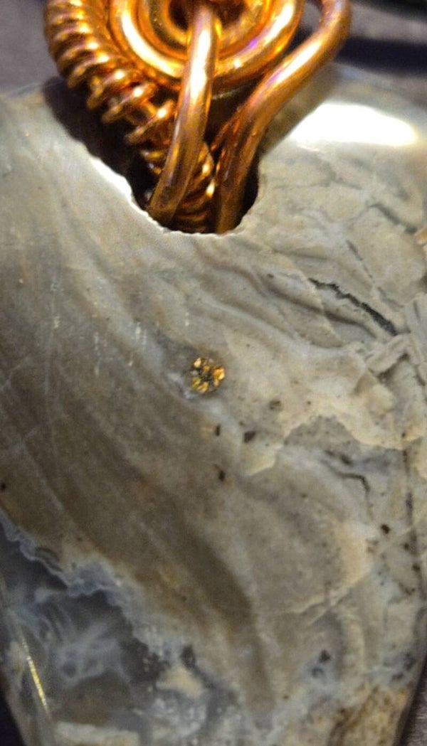 P4- Polished Thunder egg pendant cabochon, with Pyrite inclusions , copper wrapped, necklace.  with transparent agate,