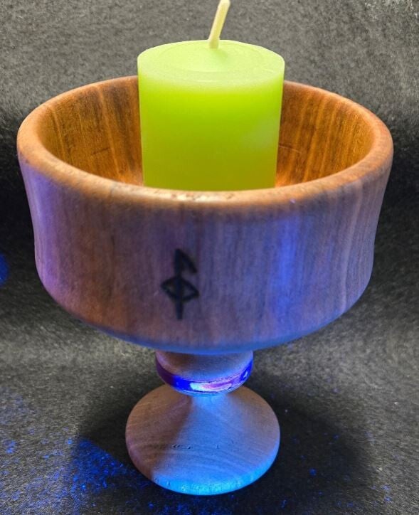 Witches goblets ( Spell vessel ) spell goblet. Silver Maple hand turned.  Protection, health and prosperity. Red faceted gemstone infused in core. Purple glow power ring inlay