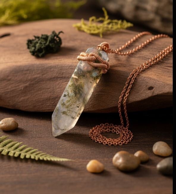 Utah Moss Agate Obelisk copper wrapped Pendant With 19in Necklace