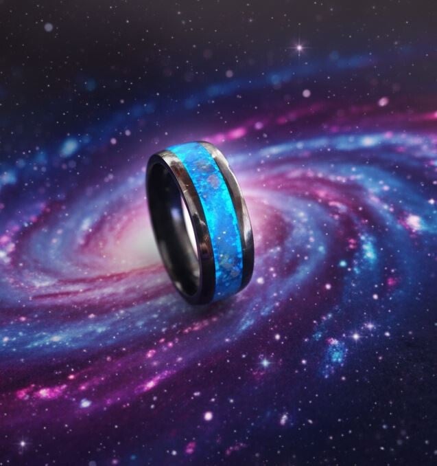 R10 - Size 10 Stainless steel comfort fit inlay ring. opal, ruby, Glow stone, UV reactive. Glowing galaxy