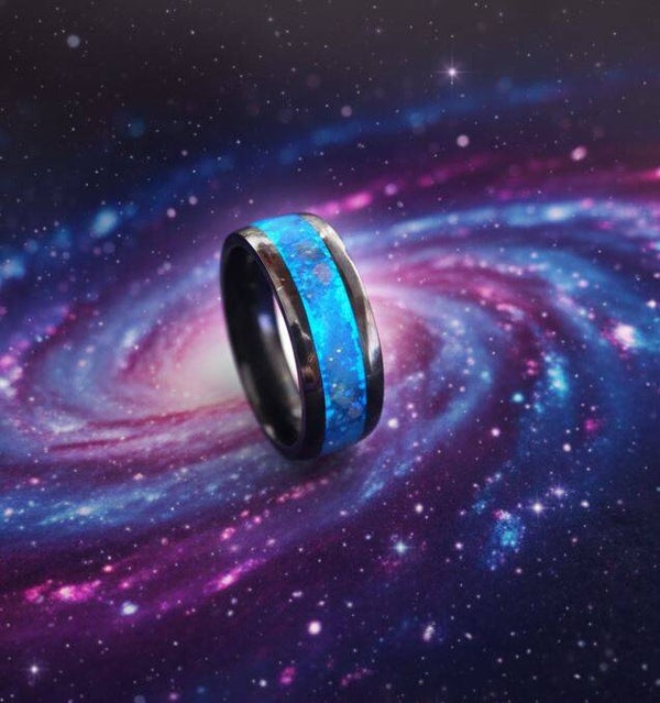 R10 - Size 10 Stainless steel comfort fit inlay ring. opal, ruby, Glow stone, UV reactive. Glowing galaxy