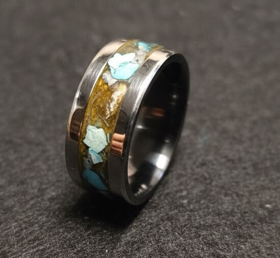 R11 - Size 7 . Stainless Steel comfort fit ring, inlay gold color base opal and turquoise