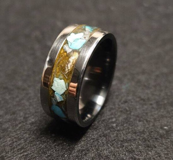R11 - Size 7 . Stainless Steel comfort fit ring, inlay gold color base opal and turquoise