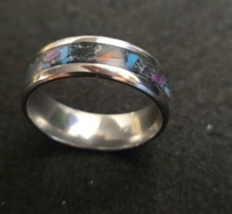 R14- Size 13 Comfort fit Stainless ring. Inlay U.V reactive. opal, glow stone, ruby flake and turquoise