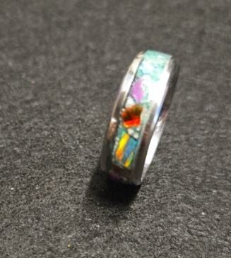 R15- Size 13 Comfort fit Stainless ring. Inlay U.V reactive. Large opal, glow stone, ruby flake and turquoise