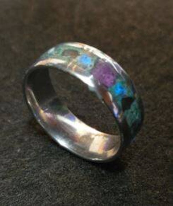 R16 - Size 12 Stainless steel comfort fit inlay ring. Ruby, Black obsidian, Glow stone, UV reactive. malachite base