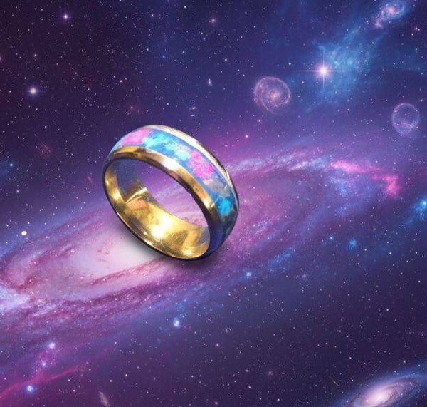 R-3 Galaxy Ring size 9- Stainless steel, glow stone, ruby and opal U.V.