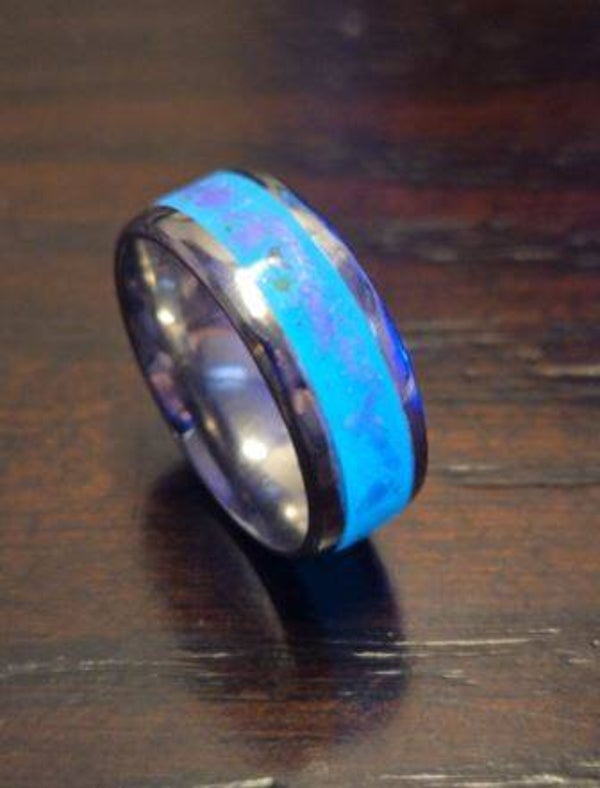 R-6 Size 9 Glow ring. Glow in the dark inlay, with ruby flake. U.V reactive. long lasting glow