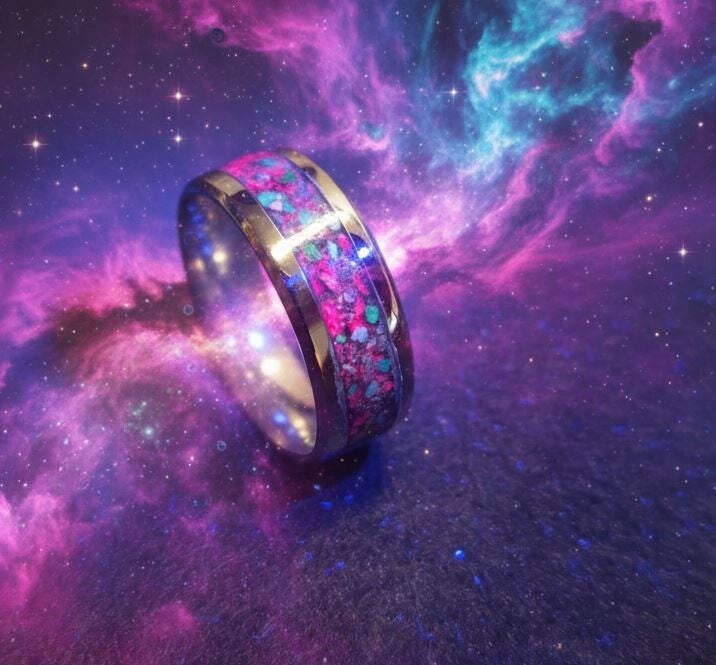 R9- Size 10 Comfort fit Stainless ring. Inlay ( Nebula ) Turquoise, ruby  flake , ruby powder