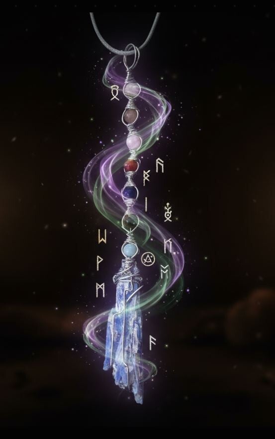 WB-13 Rare blue Kyanite pendant. with beads - witches broom, #gothic #Halloween