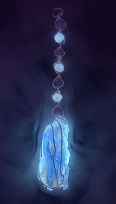 WB-14 Rare blue Kyanite pendant. with beads - witches broom, #gothic #Halloween