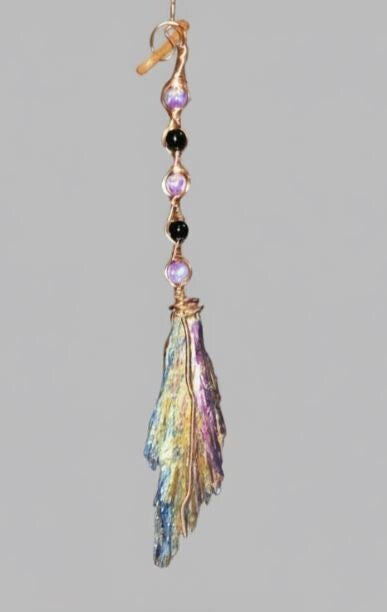 wb-1 Titanium Kyanite Rainbow  pendant. with beads -  witches broom, #gothic #Halloween