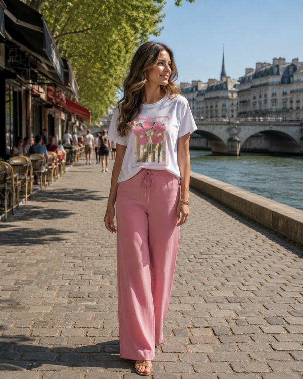 T-shirt gold pink flower