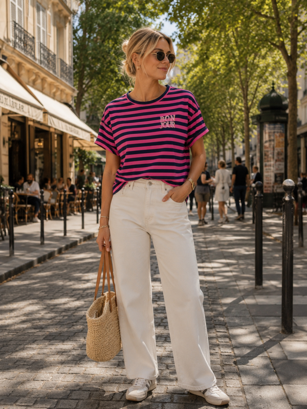 T-shirt “Bon Jour” donkerblauw/roze