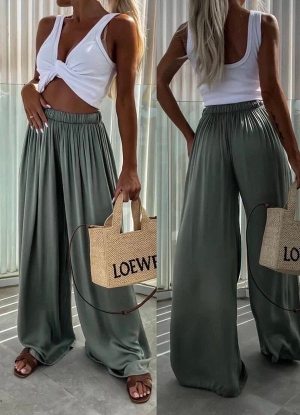 Satijnlook broek, khaki groen
