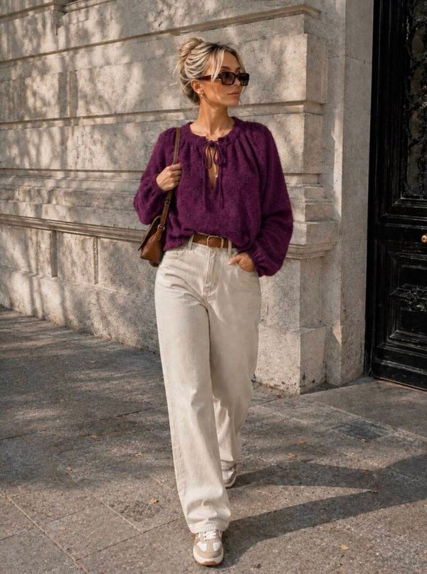 Fall for Plum Fluffy Tied Knit Sweater