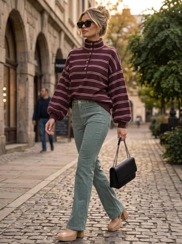 Fall in Line Striped Button Knit – Burgundy