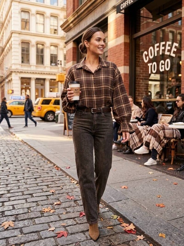 Fall Cozy Plaid Ruffle Blouse – Brown