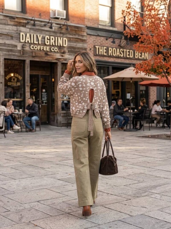 Fall Deer Print Open Back Sweater