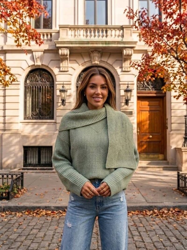 Fall for Cosy Ribbed Scarf Jumper – Sage Green