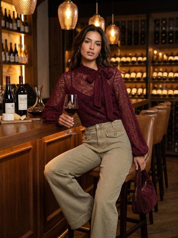 Fall Romance Lace Bow Blouse – Burgundy