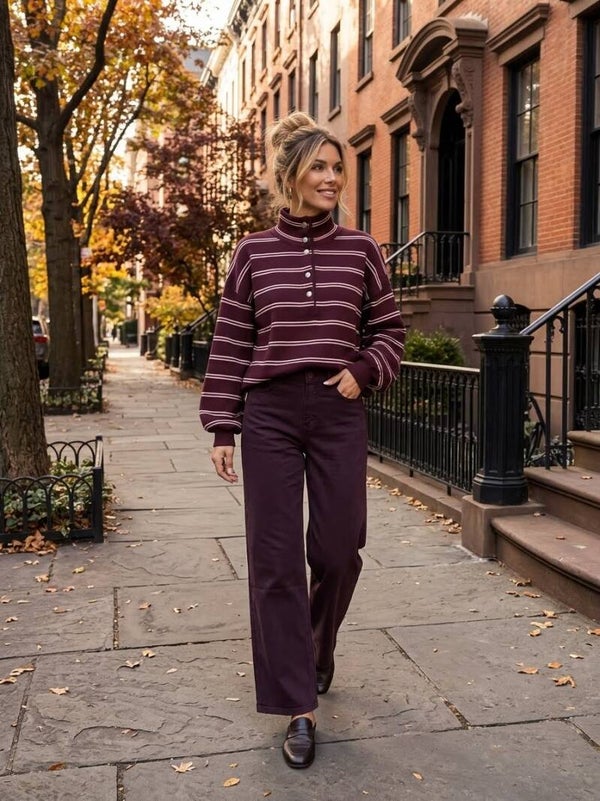 Fall in Wide Leg Jeans Dames, Hoge Taille,  Pruimkleur / Bordeaux