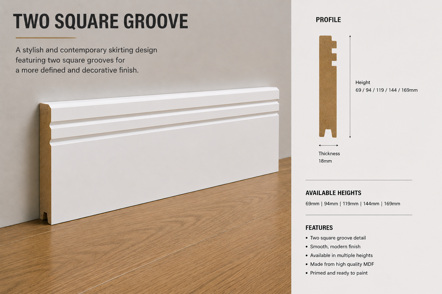 Pencil Round Two V Groove MDF moisture-resistant Skirting Board