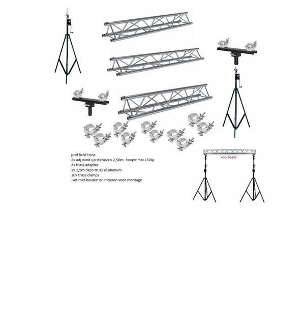 complete licht truss 4,5meter met 2 wind up statieven en 10 clamps