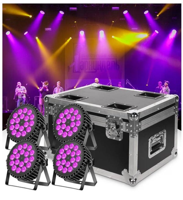 LED Par Lights, set van 4 (18x18w LED RGBWAUV 6IN1) in flightcase