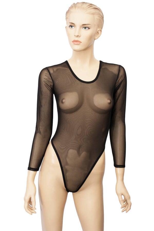 Damen Mesh Stringbody Rundhals lange Ärmel