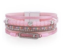Armband Dames - Kralen - PU Kunstleer - Lengte 19 cm - Roze